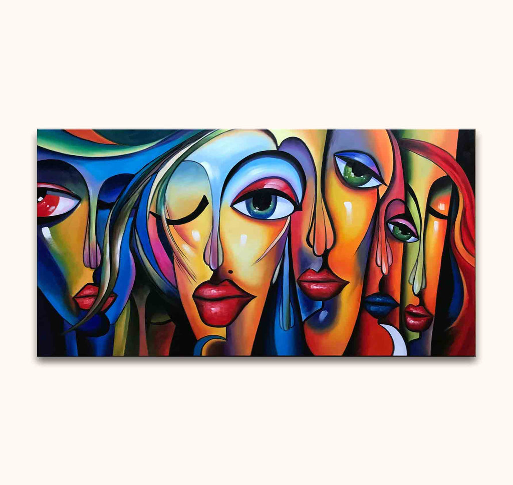 Vijf kubistische vrouwengezichten in expressieve stijl, handgeschilderd op doek. Picasso signature - Big Eye Girls. Geschikt voor moderne interieurs, direct ophangbaar.