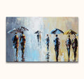 Handgeschilderd schilderij ‘Five Umbrella’s and a Wet Suit’. Impressionistisch tafereel van mensen met paraplu's in de regen, olieverf op canvas. Geschilderd met paletmes techniek.