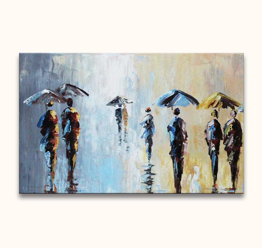 Handgeschilderd schilderij ‘Five Umbrella’s and a Wet Suit’. Impressionistisch tafereel van mensen met paraplu's in de regen, olieverf op canvas. Geschilderd met paletmes techniek.