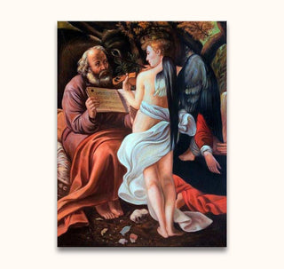 Engel speelt viool voor oude man met bladmuziek in Michelangelo's De Vlucht naar Egypte. Handgeschilderd olieverfschilderij, barokstijl, op gespannen doek.