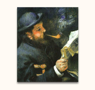 Een bebaarde man met bolhoed leest een krant, rookt pijp. Impressionistisch olieverfschilderij 'Claude Monet Leest Krant' door Pierre-Auguste Renoir.