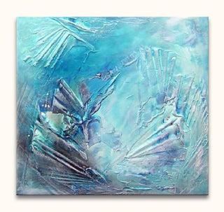 Abstract schilderij ‘Blue Ocean’ met dikke blauwe en aqua-groene olieverf, gestructureerd met paletmes op canvas. Geschilderd op houten frame, klaar om op te hangen.