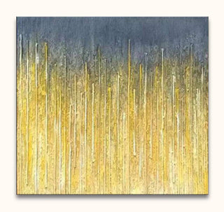 Gouden Regen 1 - Acrylverf op canvas; abstract kunstwerk met steely grijze bovenkant en goudgele onderkant, verticale strepen geven een modern, lichtgevend effect.