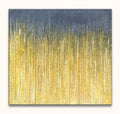 Gouden Regen 1 - Acrylverf op canvas; abstract kunstwerk met steely grijze bovenkant en goudgele onderkant, verticale strepen geven een modern, lichtgevend effect.