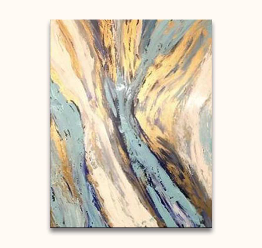 Goud-Aderen 2 - Acrylverf op canvas met vloeiende penseelstreken in blauwgroen en goudtinten, zonder lijst nodig. Klaar om op te hangen, UV-beschermd.