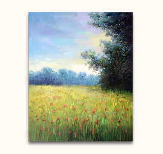 Claude Monet - Saffloerveld in Wenen: Impressionistisch schilderij van een zonnig veld met rode bloemen en bomen, handgeschilderd op olieverf, perfect voor stijlvol interieur.