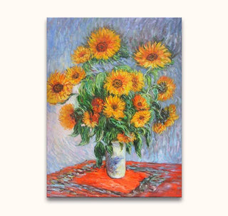 Claude Monet – Zonnebloemen: Een impressionistisch olieverfschilderij van een vaas met zonnebloemen, handgeschilderd op museumkwaliteit canvas, perfect voor moderne kunstliefhebbers.