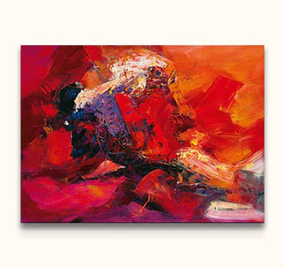 Energetic Red Rectangle - Olieverf op canvas: Vibrant abstract painting with dynamic red and orange brushstrokes, accented by dark blues, capturing expressive movement. Ready to hang.