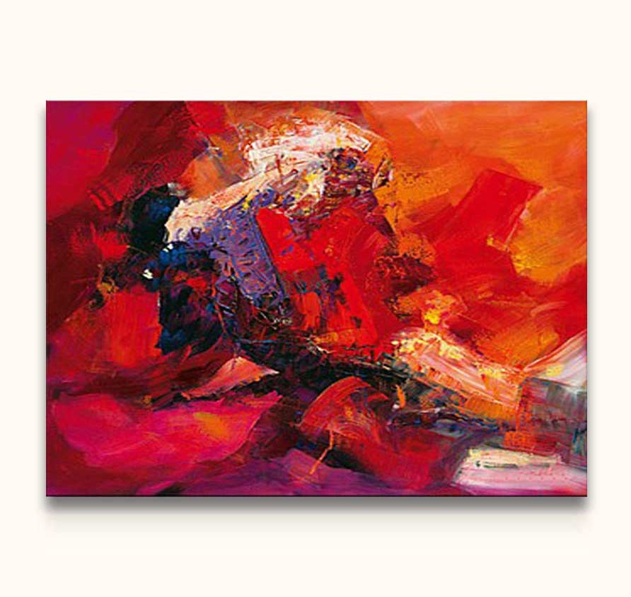 Energetic Red Rectangle - Olieverf op canvas: Vibrant abstract painting with dynamic red and orange brushstrokes, accented by dark blues, capturing expressive movement. Ready to hang.