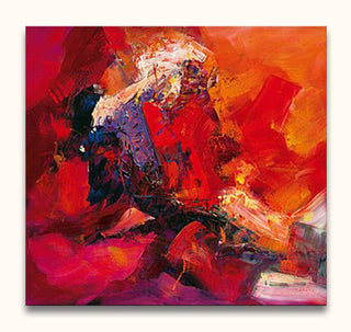 Abstract schilderij 'Energetic Red', olieverf op canvas met levendige rode en oranje penseelstreken, expressief en dynamisch, perfect voor kunstliefhebbers.