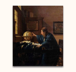 Johannes Vermeer – De Astronoom: Olieverfschilderij van een geleerde met globe en boeken, typerend voor de Nederlandse Gouden Eeuw, perfect voor klassieke kunstinterieurs.