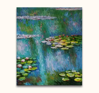 Schilderij Claude Monet – Lotusbloemen op de Seine: Impressionistisch olieverfdoek met waterlelies en leliebladeren, gespannen op houten frame, klaar om op te hangen.