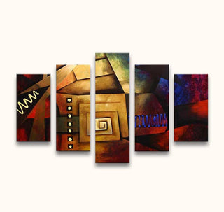 Abstract Cubism – Olieverf 5-Luik wandkunst met geometrische vormen en warme tinten, inclusief spiraal- en zigzagmotieven, op canvas gespannen, klaar om op te hangen.