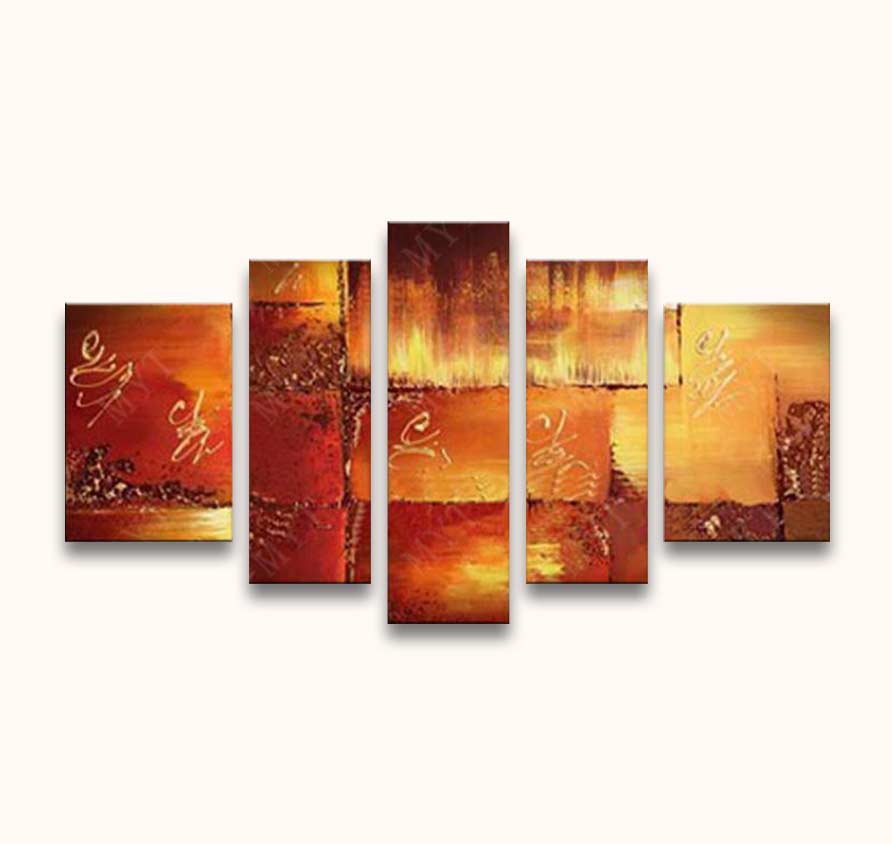 Heet Staal – Olieverf 5-Luik: Abstracte, kubistische kunst met warme kleuren, in vijf panelen. Moderne paletmes-techniek, op hoogwaardig canvas, klaar om op te hangen.