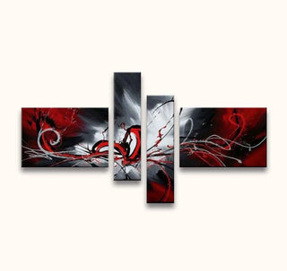 Handgeschilderd 4-luik schilderij High Energy Collision met abstracte vormen en dynamische kleuren, geschilderd met paletmes op canvas, klaar om op te hangen.