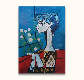 Annabella En Profil 1: Cubist-style painting of a woman in profile, featuring geometric forms and vibrant contrasts, perfect for modern art enthusiasts.