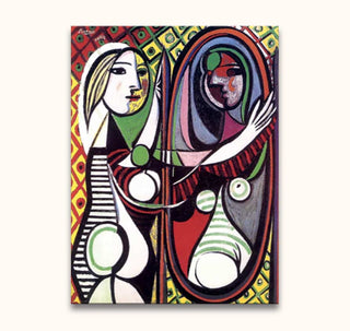 Een vrouw kijkt in een ovale spiegel, kubistische stijl. Picasso's Minnares bij de Spiegel, olieverfschilderij, handgeschilderd, op houten frame, klaar om op te hangen.