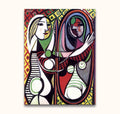 Een vrouw kijkt in een ovale spiegel, kubistische stijl. Picasso's Minnares bij de Spiegel, olieverfschilderij, handgeschilderd, op houten frame, klaar om op te hangen.
