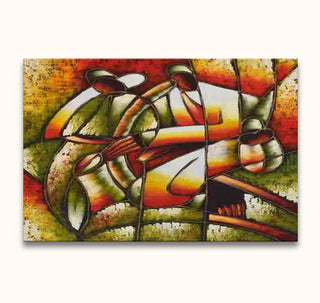 Kubistisch schilderij Wachtende Forensen van Picasso, abstracte vormen in warme tinten, op zuurvrij canvas, klaar om op te hangen. Geschilderd met professionele olieverf.