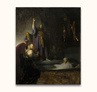 Rembrandt van Rijn – De Opstanding van Lazarus: Jezus wekt Lazarus op, omringd door verbaasde toeschouwers. Barok olieverfschilderij met dramatisch clair-obscur. Geschilderd op museumkwaliteit canvas.
