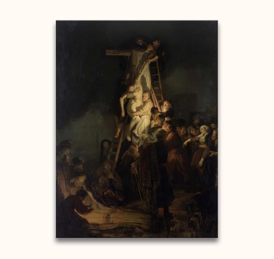 Rembrandt van Rijn – De Afdaling van het Kruis: Barok olieverfschilderij met Jezus' lichaam dat van het kruis wordt gehaald, omringd door rouwenden in diep clair-obscur.