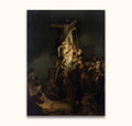 Rembrandt van Rijn – De Afdaling van het Kruis: Barok olieverfschilderij met Jezus' lichaam dat van het kruis wordt gehaald, omringd door rouwenden in diep clair-obscur.