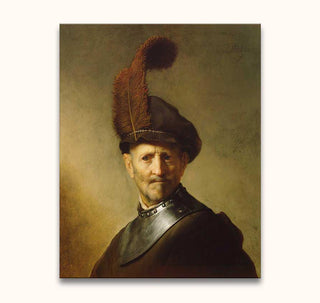 Portret van Titus van Rembrandt, 1629: Oudere man in zwarte harnas en baret met pluim, sterke clair-obscur, handgeschilderd op museumkwaliteit canvas. 