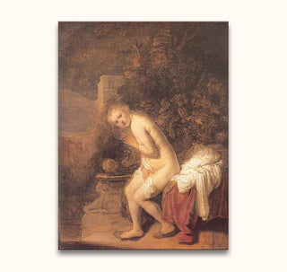 Rembrandt van Rijn – Susanna en de Oudsten: Een vrouw baadt naast een fontein in een klassieke tuin, gevat in een 17e-eeuws meesterwerk, handgeschilderd op museumkwaliteit canvas.
