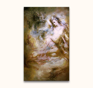 Rembrandt van Rijn – Durga en de Draak: Dromerige olieverfschilderij van Durga zwevend naast een draak, in barokke stijl met vloeiende beweging en symboliek.