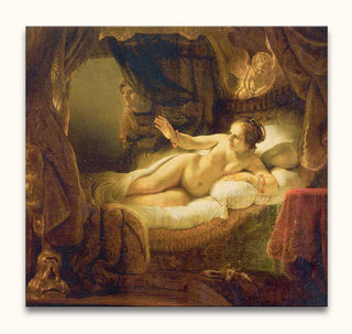 Rembrandt van Rijn – Danaë: Seventeenth-century barok schilderij met Danaë, een naakte vrouw op een bed, omringd door twee mannen en een engel. Olieverf op museumkwaliteit canvas.