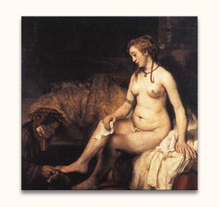 Badende vrouw met dienstmeid, geïnspireerd door Rembrandt. Klassieke barokstijl, handgeschilderd op canvas. Geschikt voor kunstliefhebbers, direct ophangbaar.