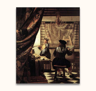Johannes Vermeer – De Schilderkunst: Een kunstenaar en model in een studio, handgeschilderd op hoogwaardig canvas, met een klassieke barokke en symbolische stijl.