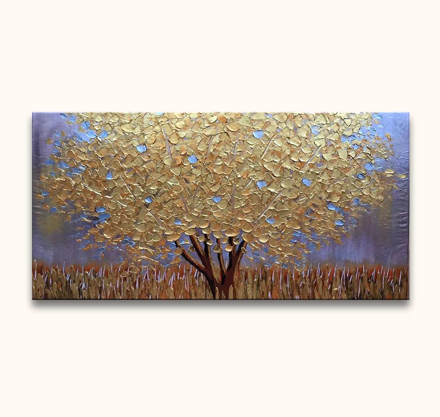 Gouden Esdoorn – Dikke olieverf op canvas: Handgeschilderd schilderij van een gouden esdoorn in bloei, impasto-stijl, op een rustieke achtergrond. Geschilderd op zuurvrij canvas.