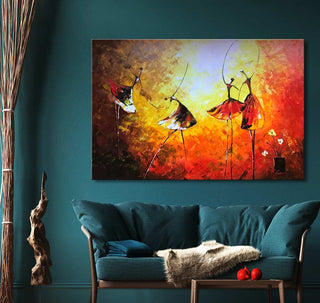 Vier Danseressen - Olieverf op canvas: Vier dansende figuren tegen een oranje-gele achtergrond, handgeschilderd met paletmes. Perfect voor kunstliefhebbers.