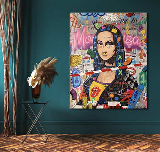 Jisbar's hand-painted pop art Mona Lisa, adorned with graffiti and logos, hangs on teal wall. Enhanced with UV-protection, ready-to-hang, no frame needed.