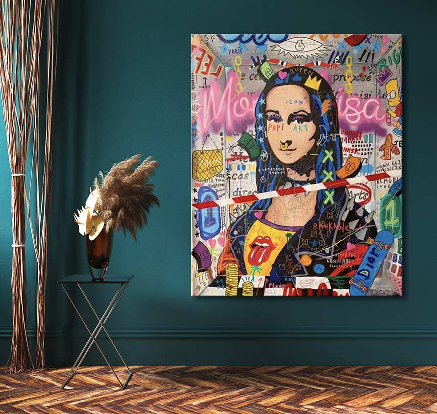 Jisbar's hand-painted pop art Mona Lisa, adorned with graffiti and logos, hangs on teal wall. Enhanced with UV-protection, ready-to-hang, no frame needed.