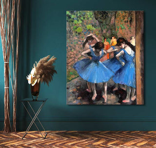 Edgar Degas-inspired canvas with three ballerinas in blue tutus. Impressionist oil painting on museum-quality canvas, mounted, ready to hang. Ideal for modern interiors.