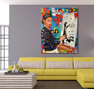 Jisbar - Frida painting: pop-art portrayal of Frida Kahlo with Banksy-style art in vibrant colors, ideal for modern interiors. Hand-painted, ready to hang.
