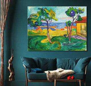 Edvard Munch's The Garden in Asgardstrand oil painting above a teal loveseat, featuring vibrant expressionist landscapes, perfect for modern interiors.