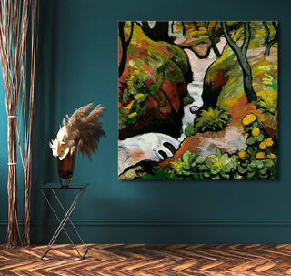 August Macke's Woud Stroom painting on teal wall, vibrant colors depict stream amidst stylized foliage, mounted in room with herringbone floor and dried pampas grass decor.