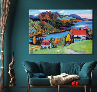 Expressionist painting Staffelsee in Autumn by Gabriële Munter shows vibrant hills and houses. Perfect for modern interiors, ready-to-hang with UV protection.