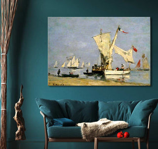 Eugène Boudin's 'Le Havre': Impressionist maritime scene with boats, people, teal sofa, driftwood, and apples. Museum-quality, ready to hang.