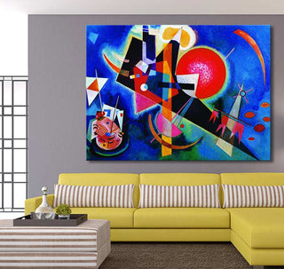 Kandinsky's 'In Blue' dominates a modern living room with a yellow sofa and striped ottoman. The geometric abstract canvas adds vibrant energy to the minimalist decor.