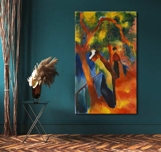 August Macke's Sonniger Weg oil painting, featuring a wooded path with three figures, hung on a teal wall, complements modern decor with vivid fauvist style.
