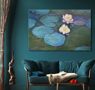 Claude Monet – Lotusbloemen bij Lourdes, een handgeschilderd olieverfschilderij met waterlelies en bladeren. Opgespannen op houten frame, klaar om op te hangen.
