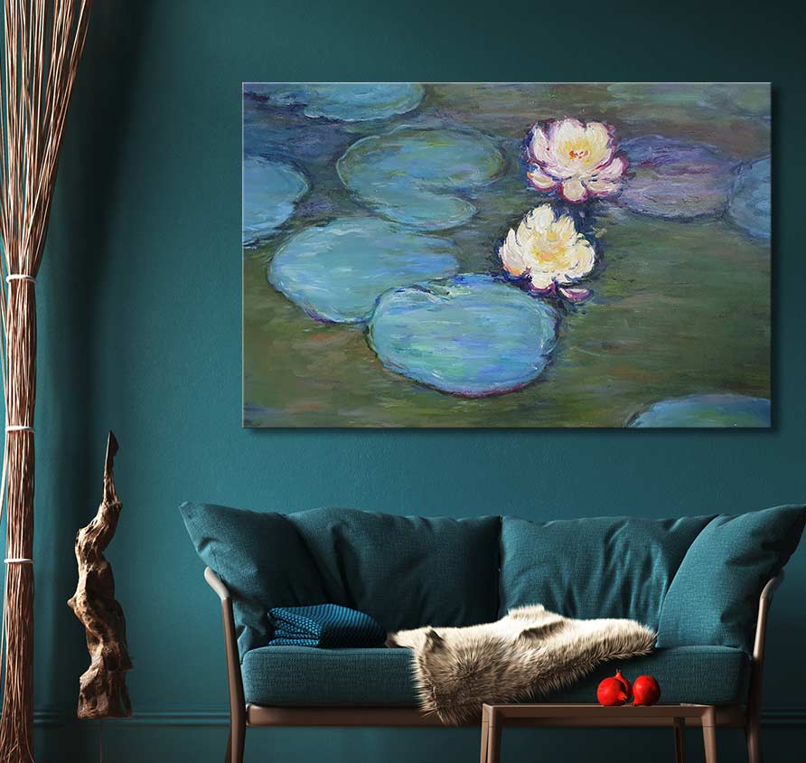Claude Monet – Lotusbloemen bij Lourdes, een handgeschilderd olieverfschilderij met waterlelies en bladeren. Opgespannen op houten frame, klaar om op te hangen.