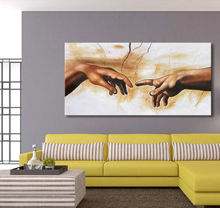 Twee handen bijna rakend, geïnspireerd door Michelangelo's Creatie van Adam. Handgeschilderd olieverfschilderij, perfect voor klassieke kunstliefhebbers. Opgespannen canvas, klaar om op te hangen.