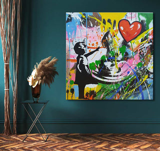 Banksy - Girl with Balloon: Hand-painted street pop art on canvas featuring a girl reaching for a red heart balloon, ready to hang with UV protection.