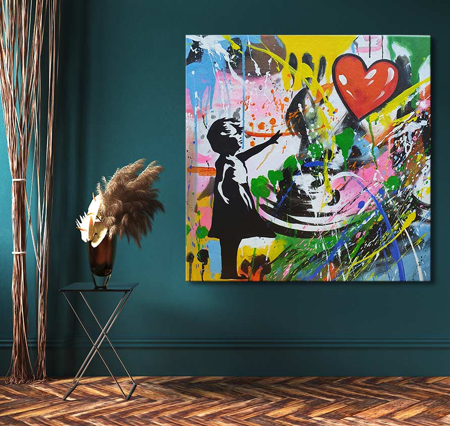 Banksy - Girl with Balloon: Hand-painted street pop art on canvas featuring a girl reaching for a red heart balloon, ready to hang with UV protection.