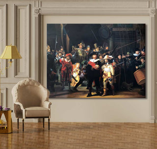 Rembrandt van Rijn - De Nachtwacht, handgeschilderd olieverfschilderij van een 17e-eeuws militiegezelschap, gespannen op houten frame, ideaal voor klassiek interieurontwerp.